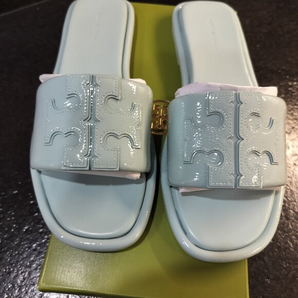 Tory Burch Womens Double "T" Sport Slide Patent Leather Sea Bubble US 8 - Picture 2 of 5